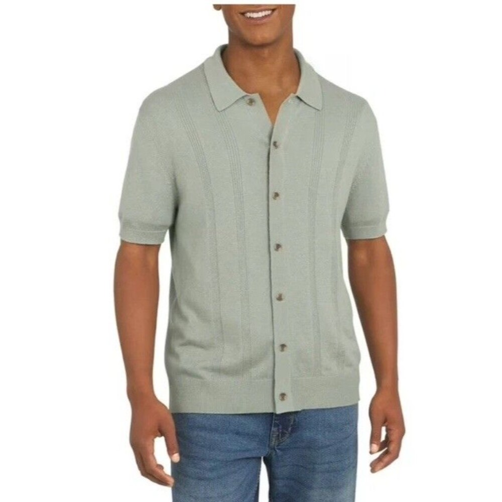DKNY Men's Regular Fit Green Short Sleeve Rib Knit Button Front Sweater Size XL